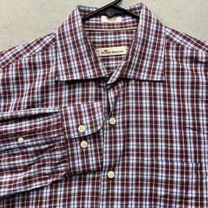 Peter Millar XL Plaid Button Down Shirt Red Blue Cotton Mens Long Sleeve